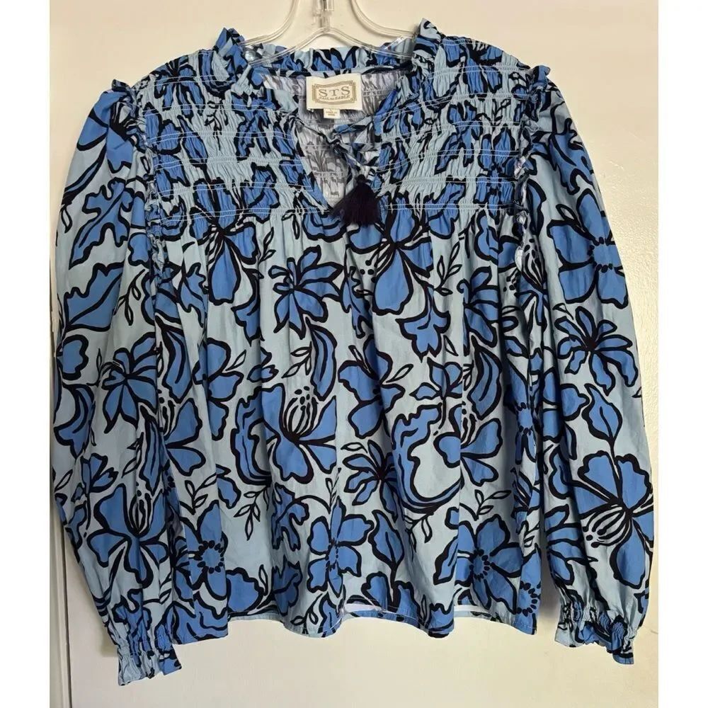 Sail to Sable Fall Floral Long Sleeve Tassel Front Top - Omphalodes/Blue Size L - Picture 5 of 8